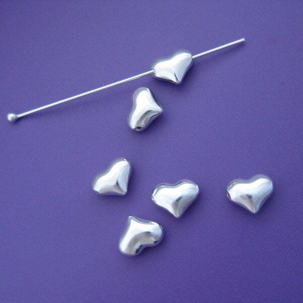 6 pcs 14mm Sterling Silver puffy heart shape beads with holes drilled horizontally(BSS307)